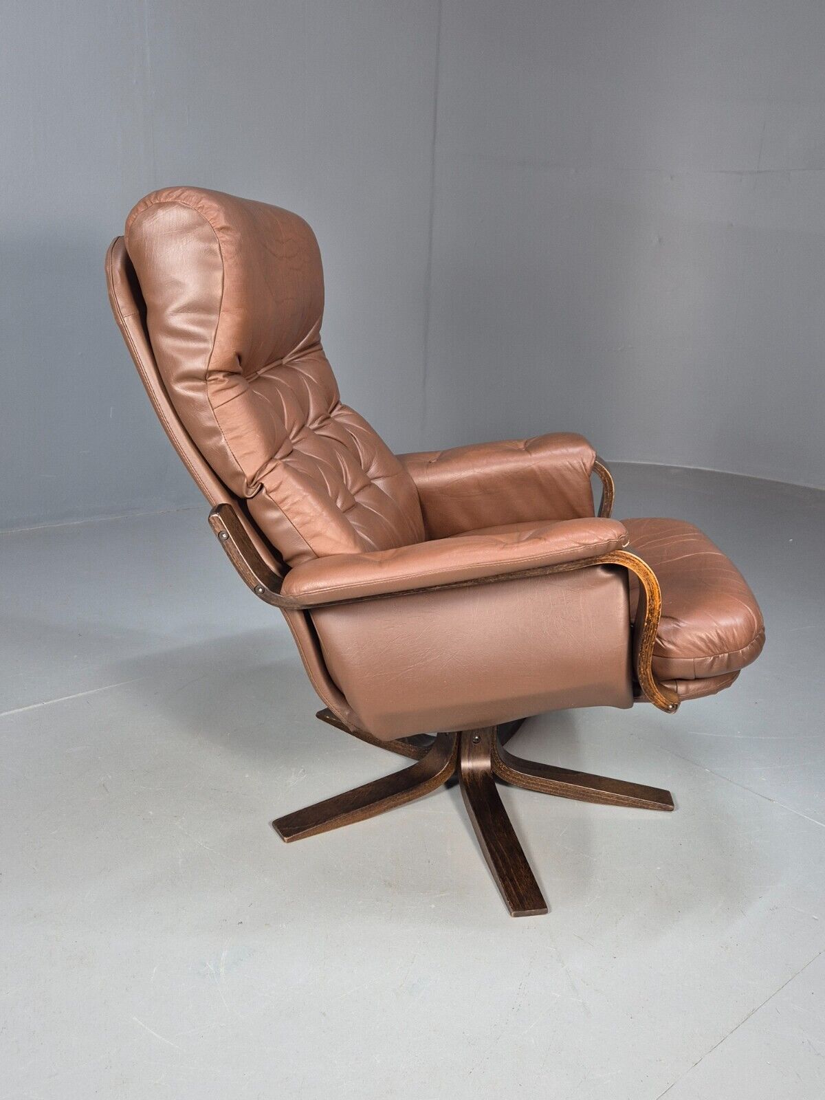 Vintage Danish Brown Leather & Vinyl Bentwood Swivel Chair Retro EB8480 MSWI