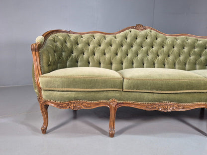 Vintage Three Seat Sofa French Regency Beech And Green Velour Button EB8012 V3SS