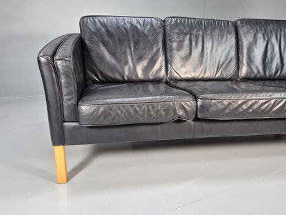 Vintage Danish 3 Seat Sofa Black Leather Straight back Arm Retro MCM EB8622 M3SS