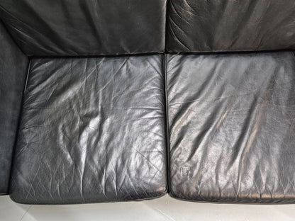 Vintage Danish 3 Seat Sofa Black Leather Straight back Arm Retro MCM EB8622 M3SS