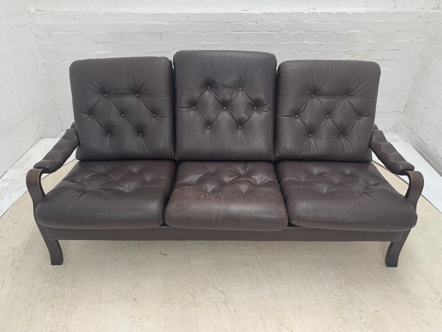 EB3459 Danish Stained Beech, Dark Brown Leather & Vinyl Three-Seater Sofa M3SS