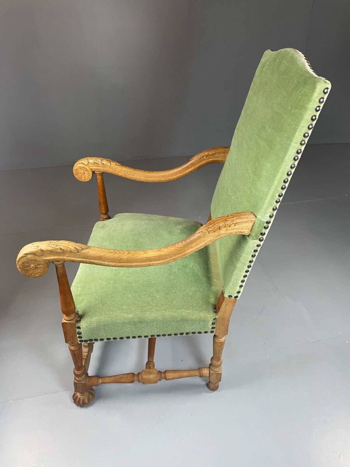 EB4649 Danish Early 20th Century Carved Oak And Green Velour Chair, Antique VCAR