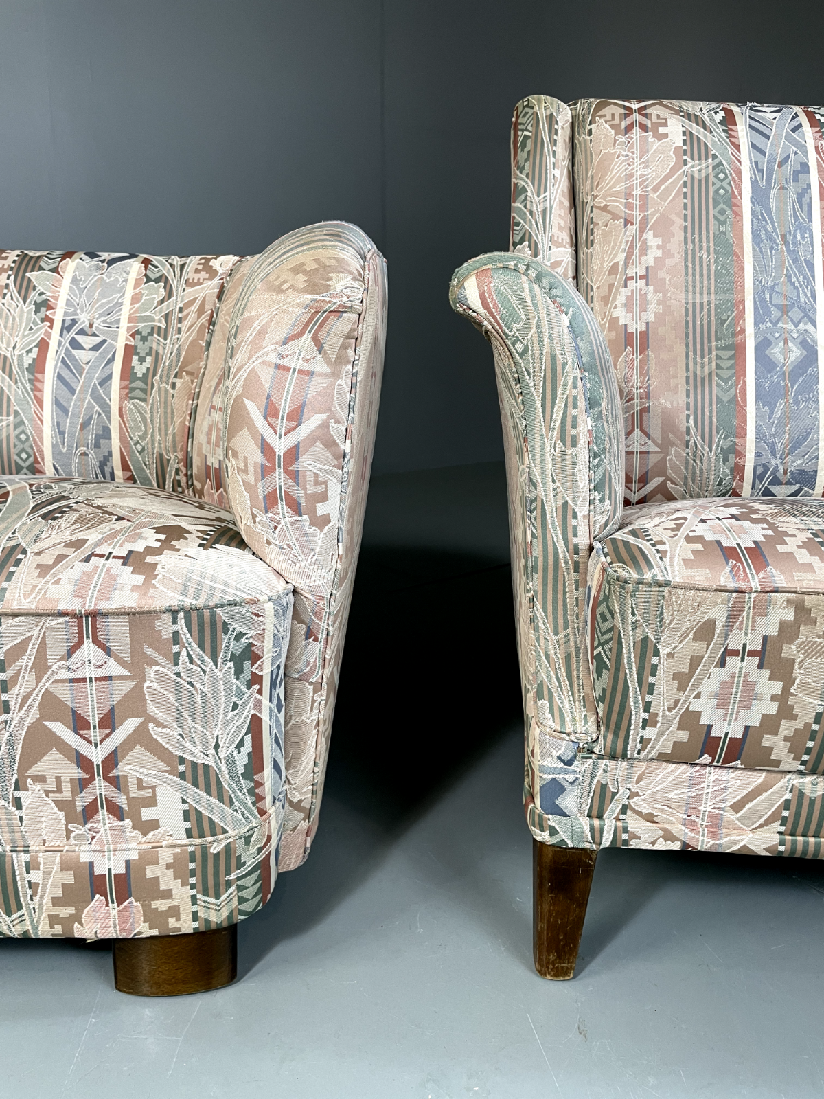 EB5311 Vintage Danish Pair of Armchairs Bold Print Fabric Beech Feet VCLO