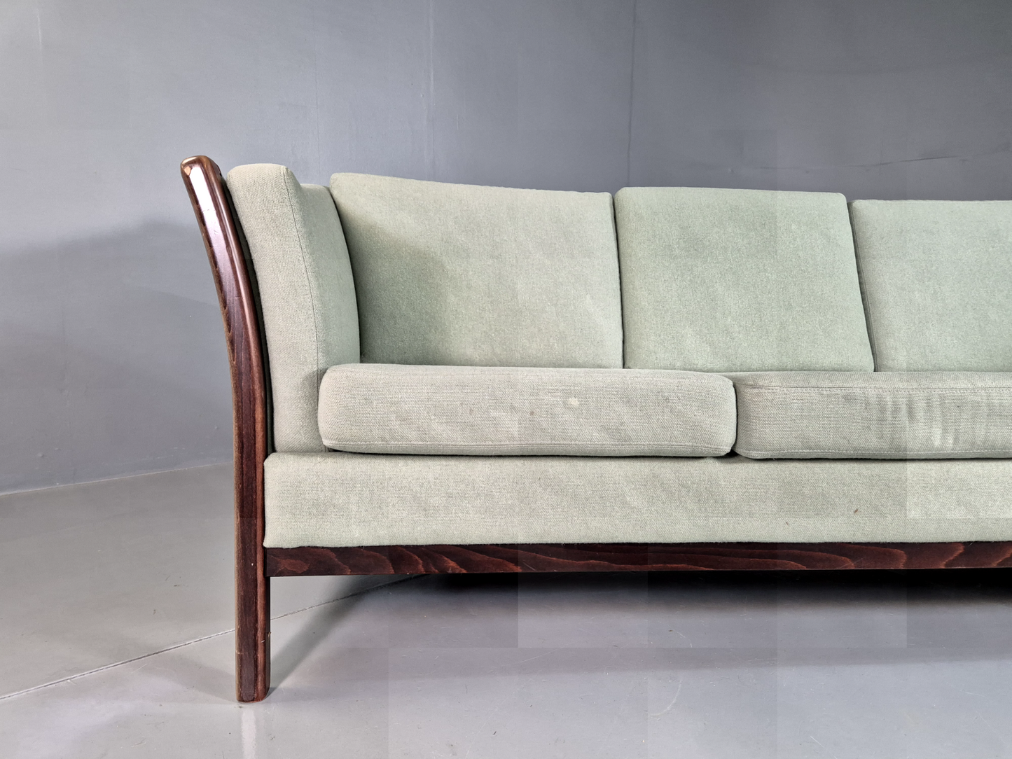 EB7286 Vintage Danish 3 Seat Sofa Green Wool Beech Frame Stouby Retro MCM M3SS