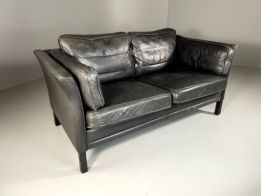 EB5869 Vintage Danish 2 Seat Sofa Grey Black Leather Retro Seating M2SS