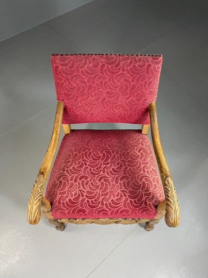 EB6942 Vintage Danish Lounge Chair Oak Red Moquette 17th Century Style VCLO