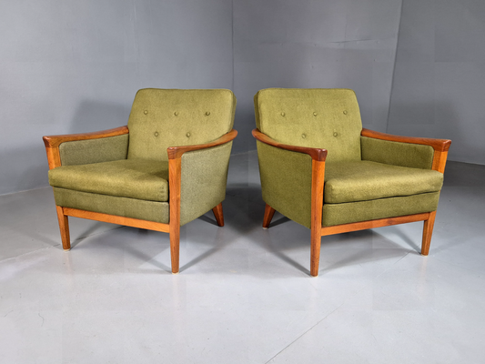 2 Vintage Swedish Lounge Chairs Green Wool Teak Frame 1960 Retro MCM EB7512 MNOR