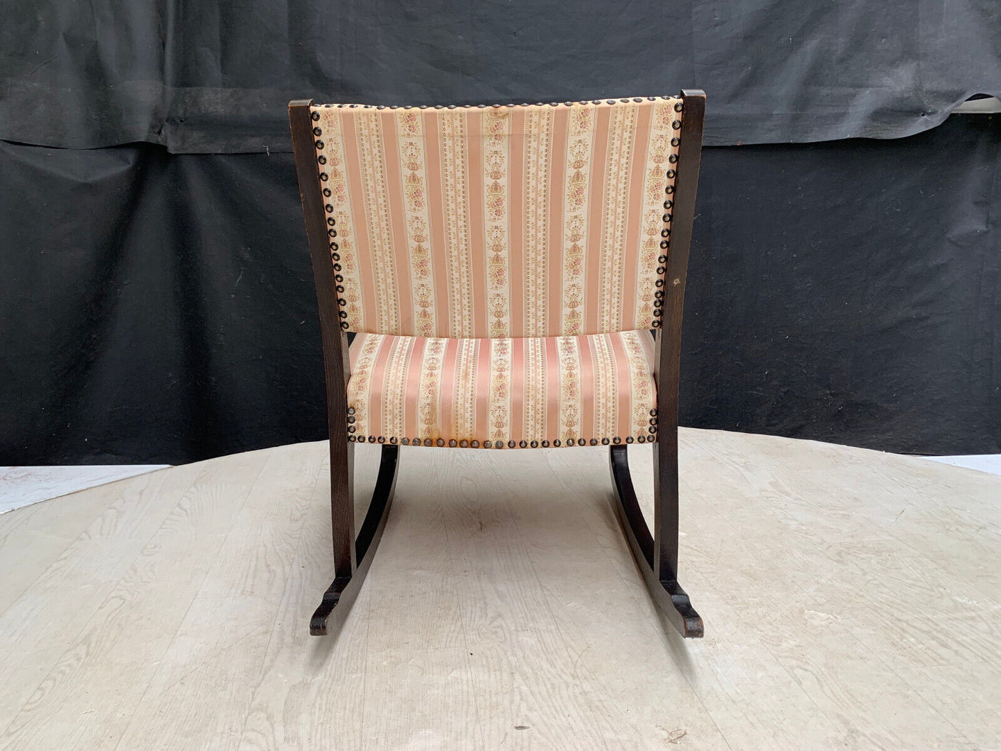 EB2913 Danish Stained Beech & Pink Striped Fabric Rocking Chair Vintage VCLO