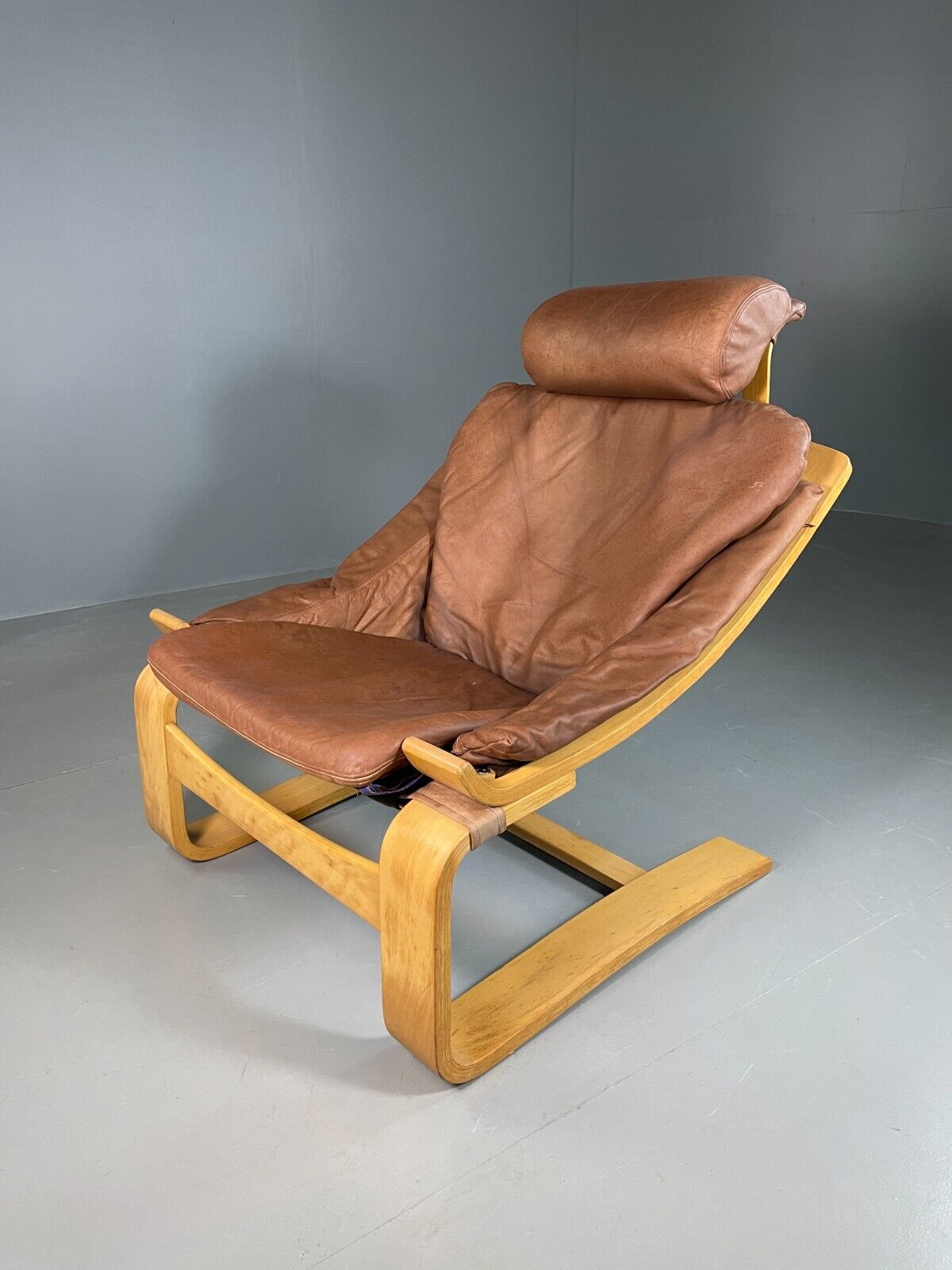 EB6911 Vintage Swedish Lounge Chair Tan Leather Krokken Fribytter Retro MCM MBEN