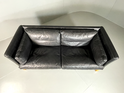 EB5862 Vintage Danish 2 Seat Sofa in Black Leather Beech Legs Retro Seating M2SS