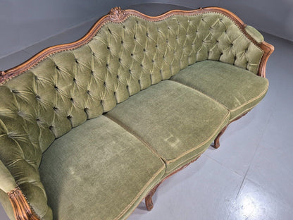 Vintage Three Seat Sofa French Regency Beech And Green Velour Button EB8012 V3SS