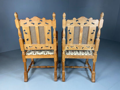 EB5172 2 Vintage Danish Carved Oak Elbow Chairs. Carolean Style, Antique VCAR