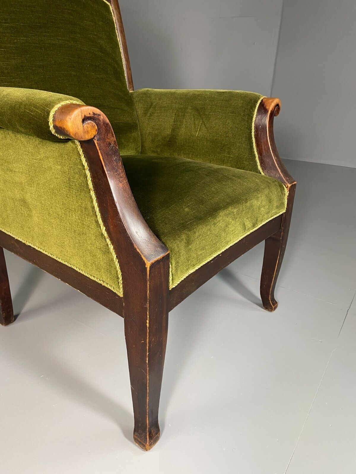 EB6469 Antique Danish Armchair Green Velour Stained Oak Vintage VCLO