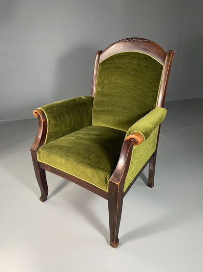 EB6469 Antique Danish Armchair Green Velour Stained Oak Vintage VCLO