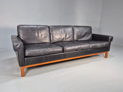 Vintage Swedish 3 Seat Sofa Black Leather Teak Base Retro 1960s MCM EB7756 M3SS