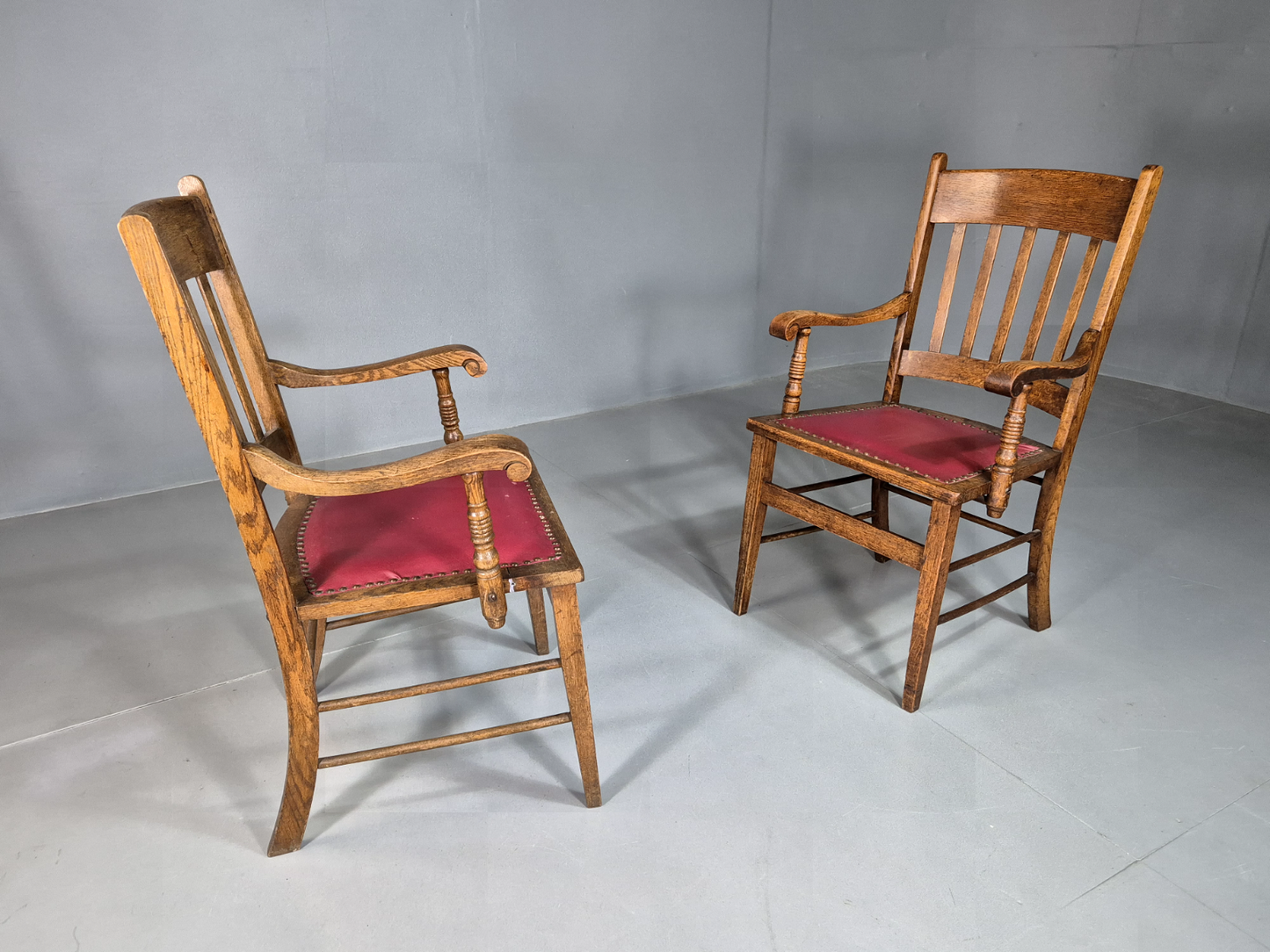 2 Vintage Elbow Chairs Red Leatherette Oak 1920s Retro EB7393 VLEA