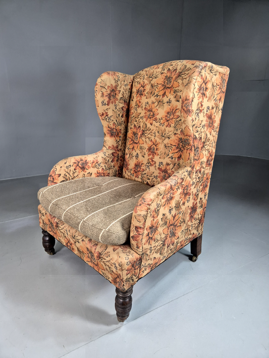 Vintage Wingback Lounge Chair Floral Print 1920s Antique EB7370 MNOR