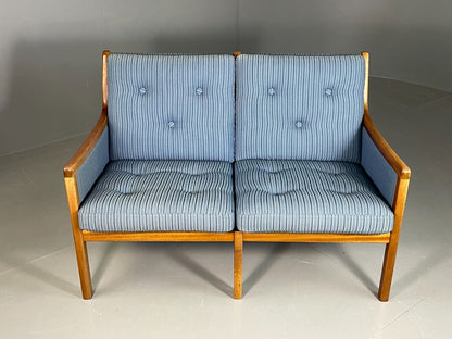 EB6970 Vintage Danish 2 Seat Sofa Mahogany Frame Blue Cotton Wanscher MCM M2SS