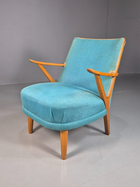 Vintage Swedish Lounge Chair Blue Cotton Beech Frame Retro MCM 1950s EB7734 MNOR