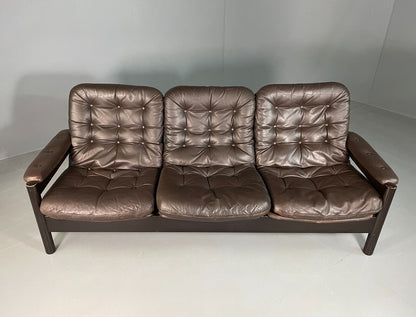 EB6948 Vintage Danish 3 Seat Sofa Brown Leather and Suede Retro MCM M3SS