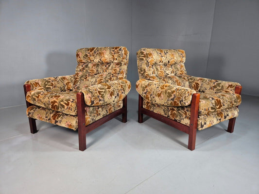 2 Vintage Lounge Chairs floral Upholstery Hardwood Frame Retro 1960s EB7865 MNOR