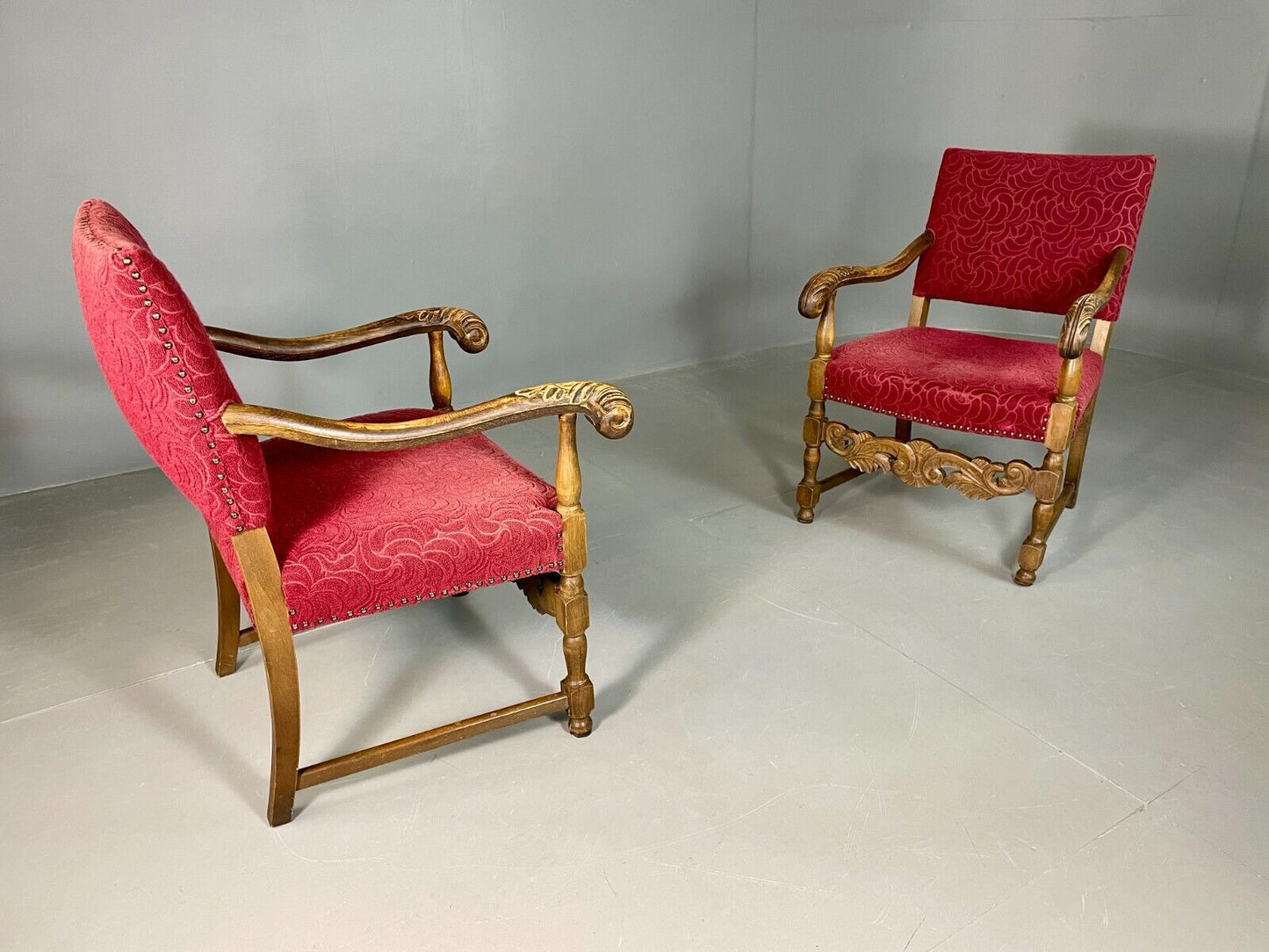 EB6943 2 Vintage Elbow Chairs Red Moquette Oak Frame 17th Century Style RepoVCLO