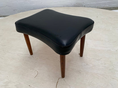 EB3149 Danish Black Vinyl Footstool on Turned Teak Legs Vintage Retro MFOO