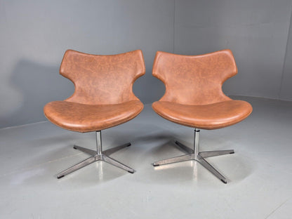 2 Vintage Danish Swivel Chairs Brown Faux Leather Retro Style EB8529 MSWI