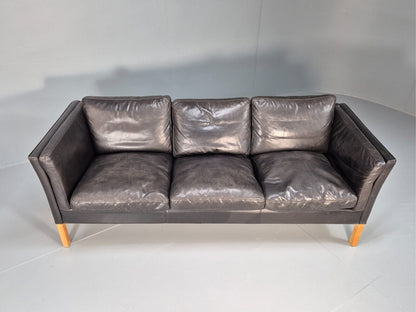 Vintage Danish 3 Seat Sofa Black Leather Straight Back Retro 1980s EB8619 M3SS