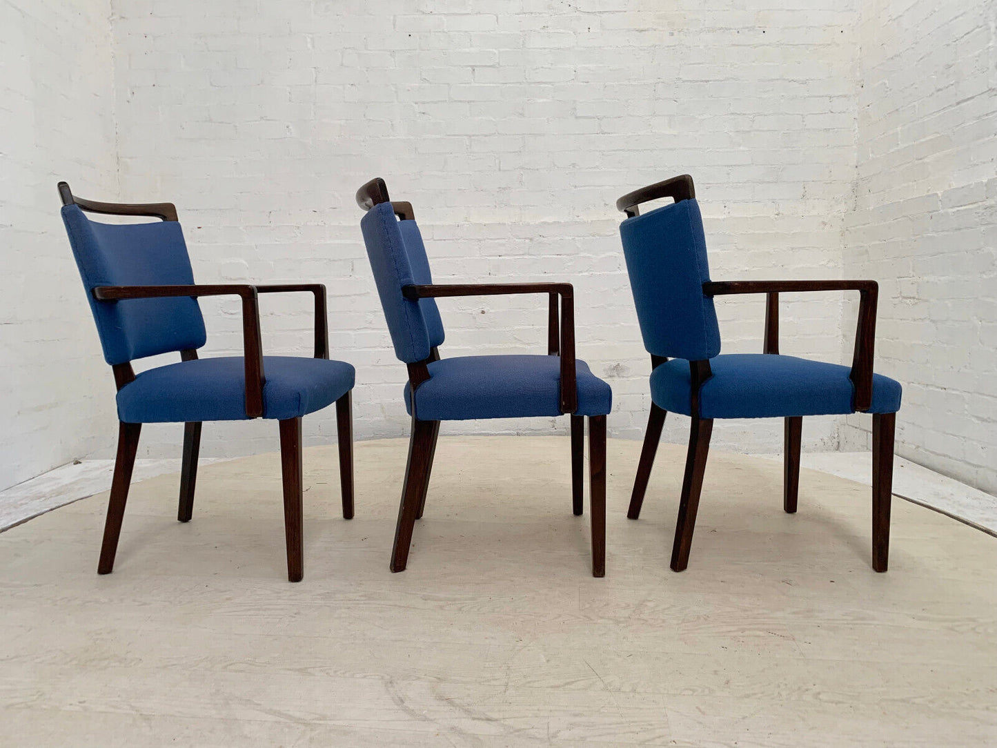 EB3767 Set of Three Danish Beech Desk Chairs with Blue Wool Vintage MDIN