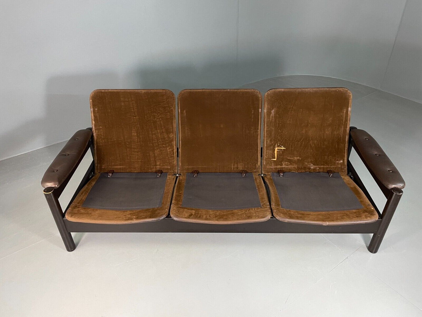 EB6948 Vintage Danish 3 Seat Sofa Brown Leather and Suede Retro MCM M3SS