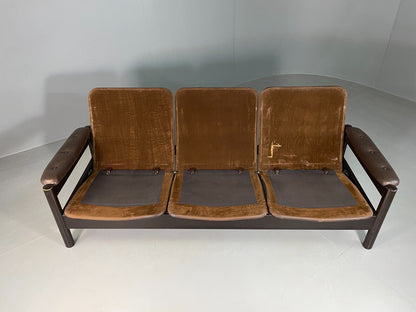 EB6948 Vintage Danish 3 Seat Sofa Brown Leather and Suede Retro MCM M3SS