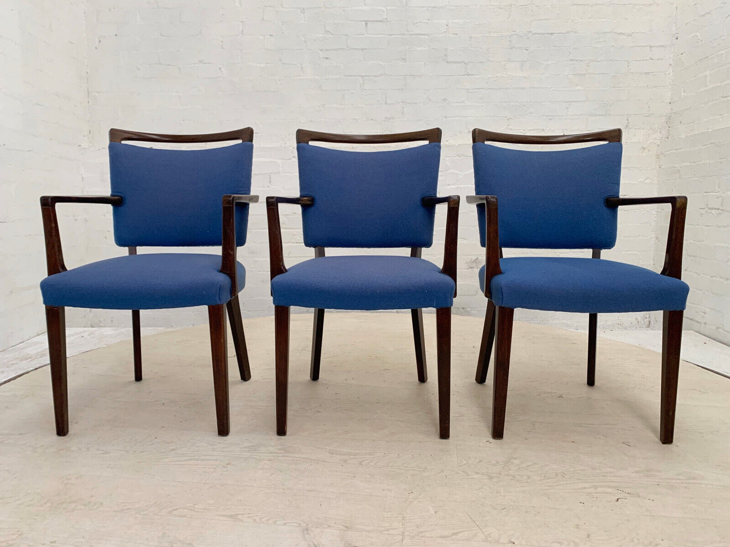 EB3767 Set of Three Danish Beech Desk Chairs with Blue Wool Vintage MDIN