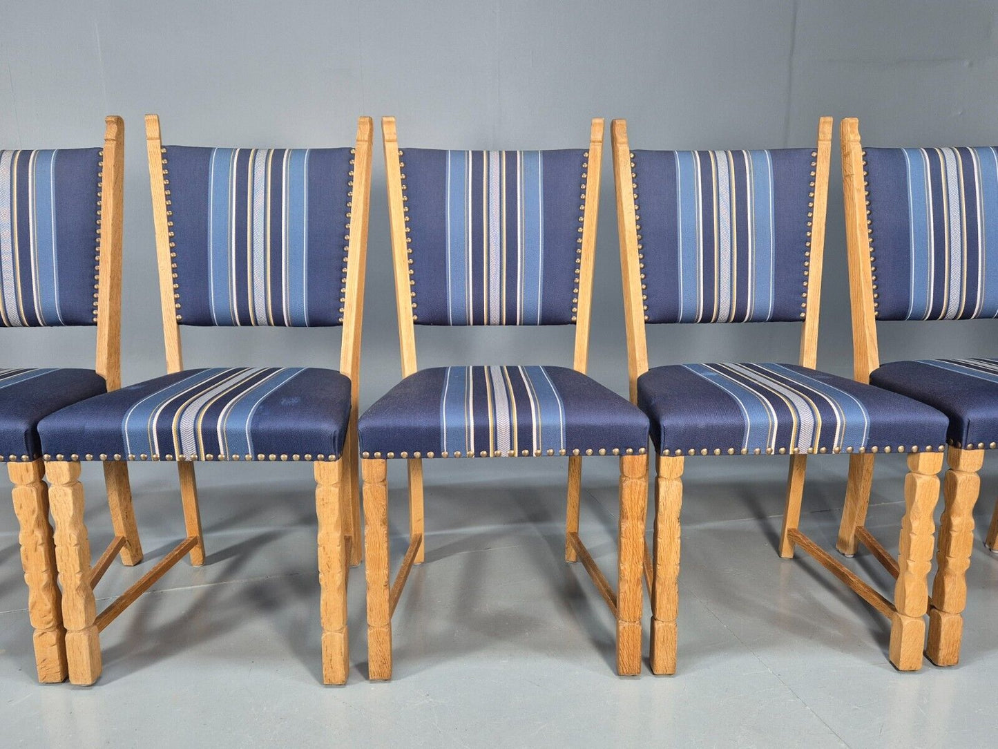 6 Vintage Danish Dining Chairs Blue Wool Oak Kjaernulf Style 1970s EB8300 MDIN