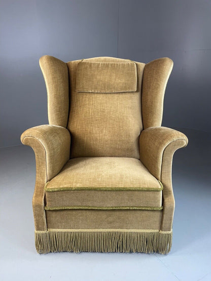 EB4894 Vintage Danish Olive Green Wingback Armchair, tassel, 1950s, 1960s VCLO