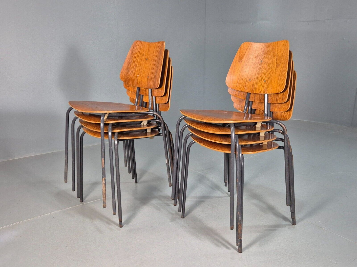 8 Vintage Danish Stacking Chairs Teak Plywood Steel Frame 1960 Retro EB8373 MSTA