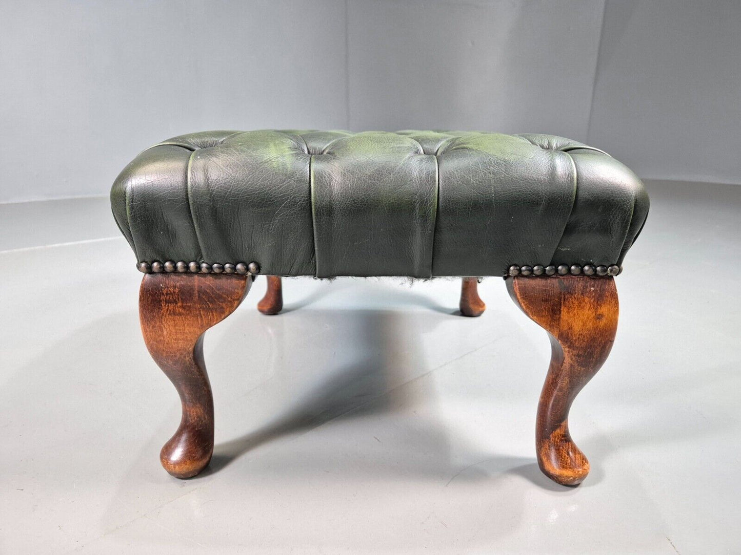 Vintage Footstool Green Leather Chesterfield Style Retro EB7597 MFOO