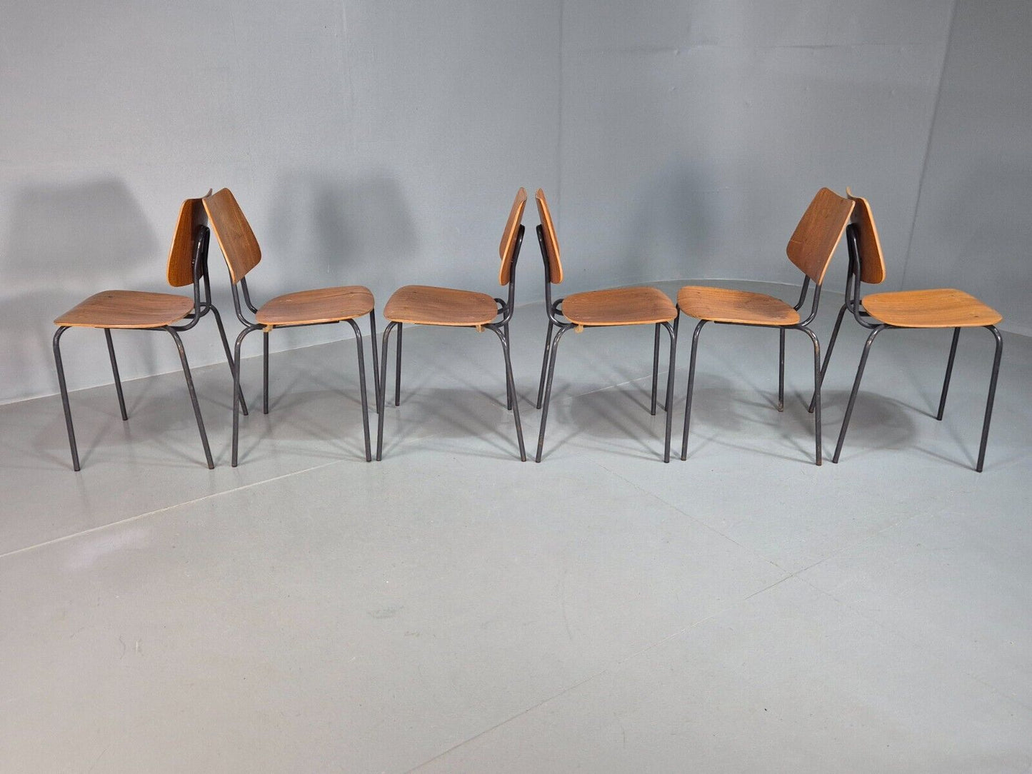 6 Vintage Danish Stacking Chairs Teak Plywood Steel Frame 1960 Retro EB8370 MSTA