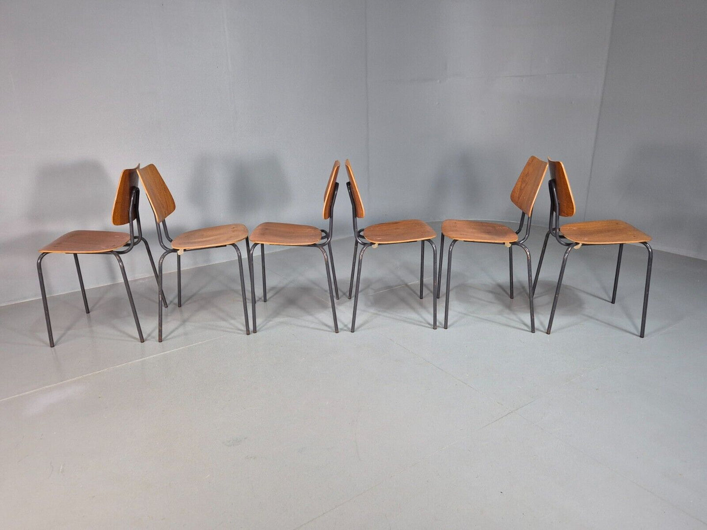 6 Vintage Danish Stacking Chairs Teak Plywood Steel Frame 1960 Retro EB8369 MSTA