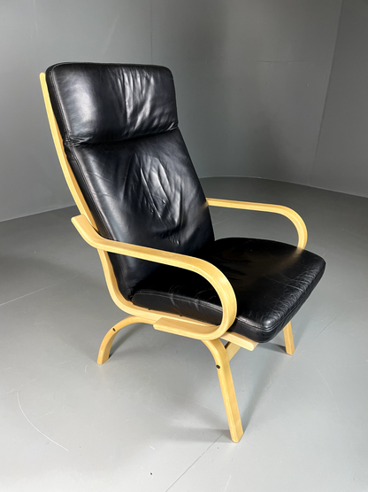 EB6089 Vintage Danish Lounge Chair, Black Leather, Bentwood, 1980s, Retro, MBEN