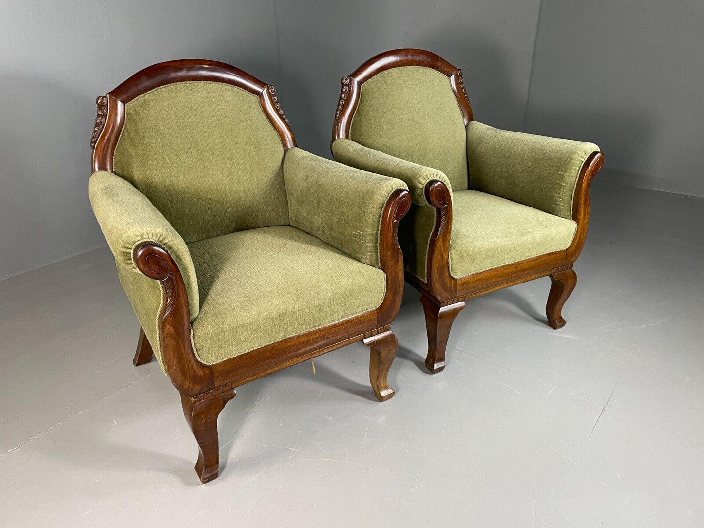 EB6659 2 Vintage Danish Lounge Chairs Green Velour Mahogany Antique Empire VCLO