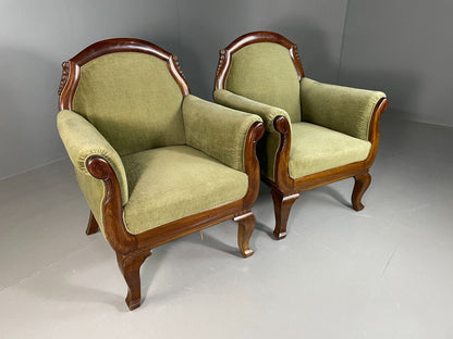 EB6659 2 Vintage Danish Lounge Chairs Green Velour Mahogany Antique Empire VCLO