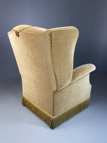 EB4894 Vintage Danish Olive Green Wingback Armchair, tassel, 1950s, 1960s VCLO