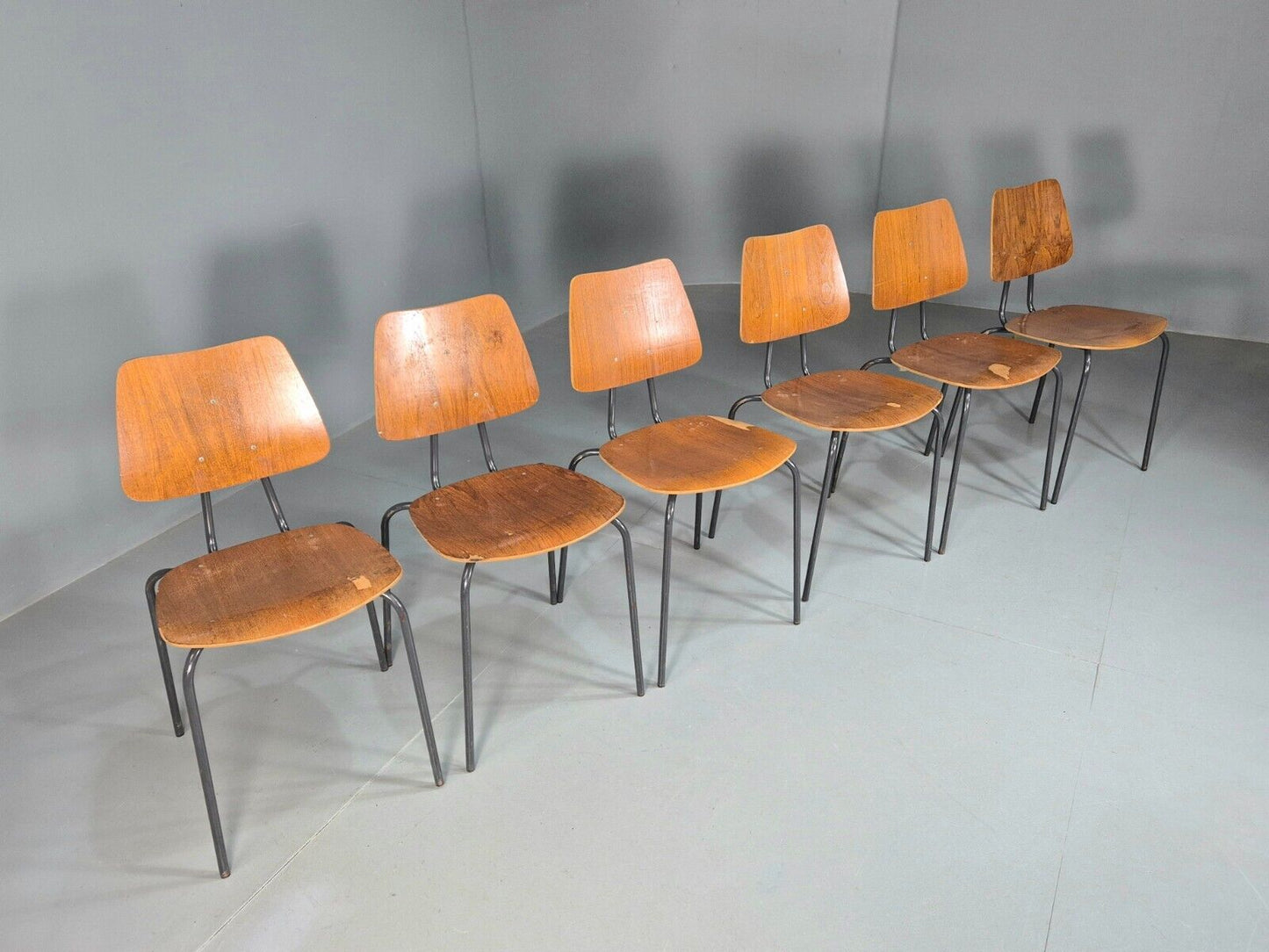 6 Vintage Danish Stacking Chairs Teak Plywood Steel Frame 1960 Retro EB8378 MSTA