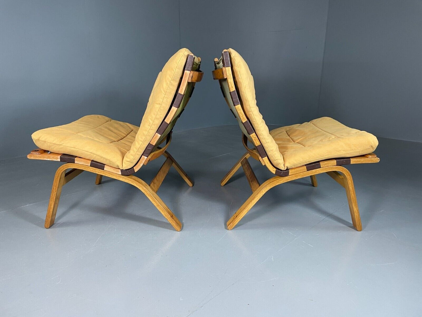 EB6631 2 Vintage Danish Lounge Chairs Yellow Cotton Bentwood Retro MCM MBEN