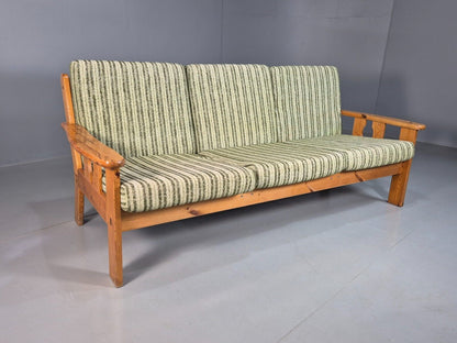 Vintage Danish 3 Seat Sofa Green Cream Wool Pine Frame 1970s Retro EB8211  M3SS