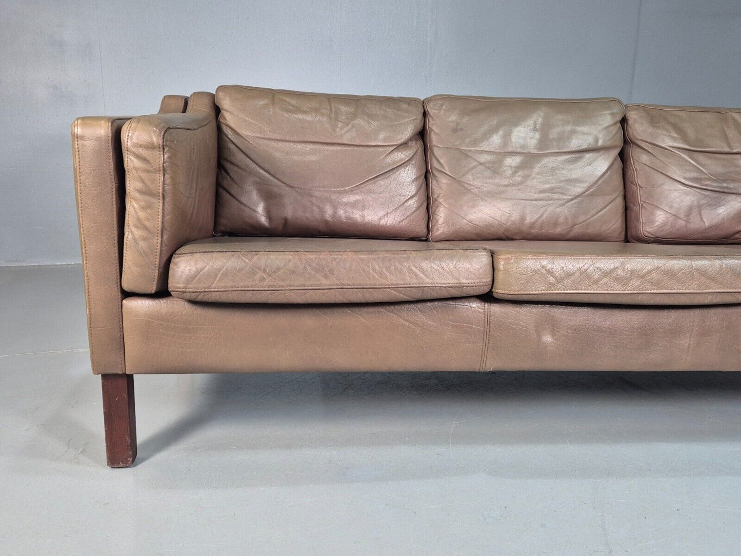 Vintage Danish 3 Seat Sofa Brown Leather Mogensen Style 1970s Retro EB8201 M3SS