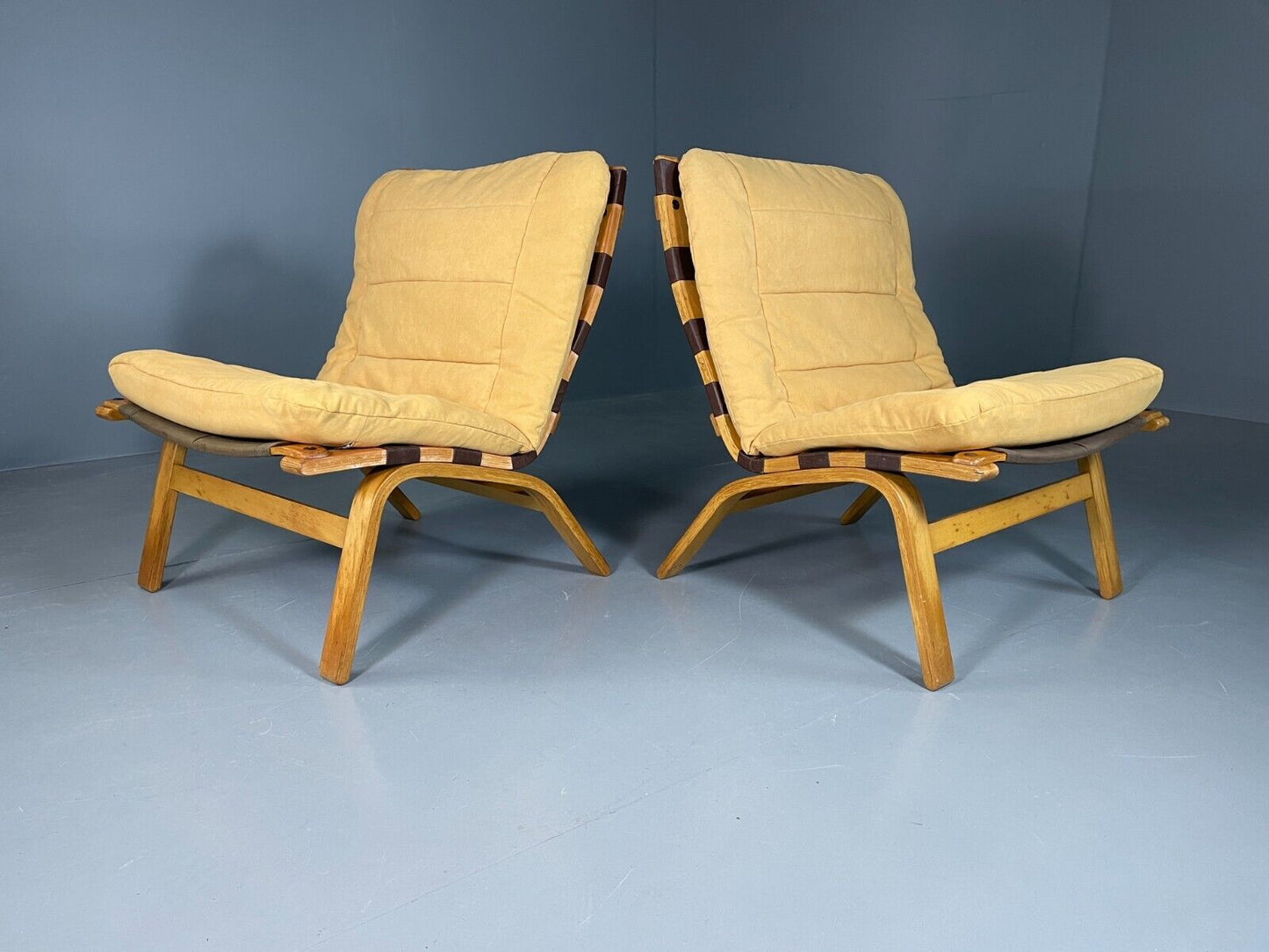 EB6631 2 Vintage Danish Lounge Chairs Yellow Cotton Bentwood Retro MCM MBEN