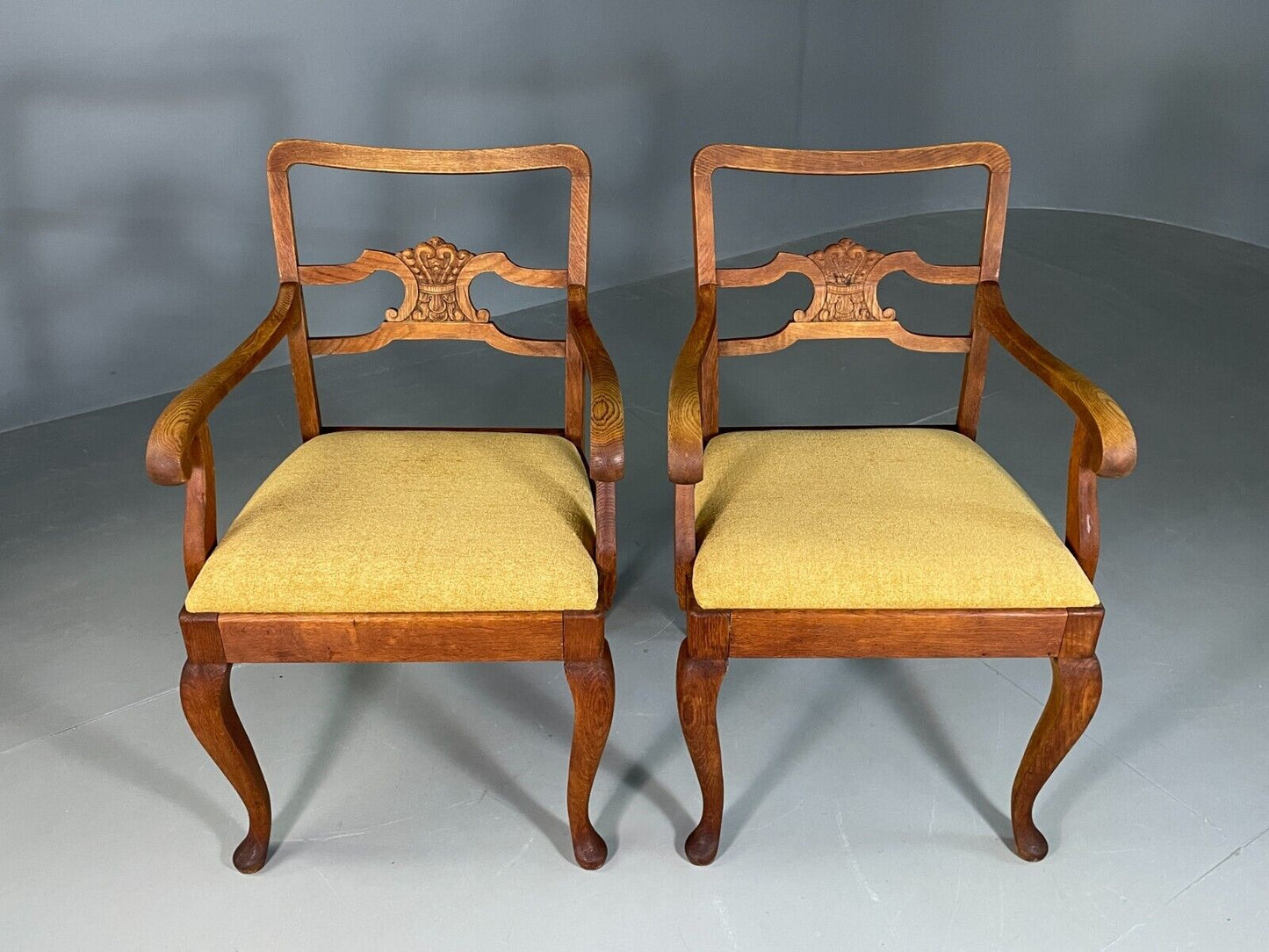 EB6953 2 Vintage Danish Elbow Chairs Oak Gold Upholstery Antique VCAR