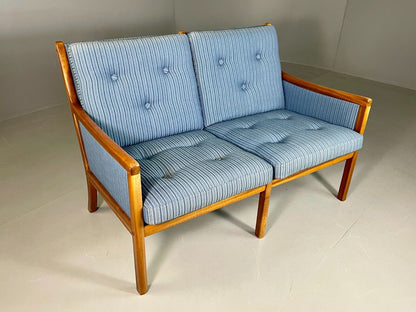 EB6970 Vintage Danish 2 Seat Sofa Mahogany Frame Blue Cotton Wanscher MCM M2SS